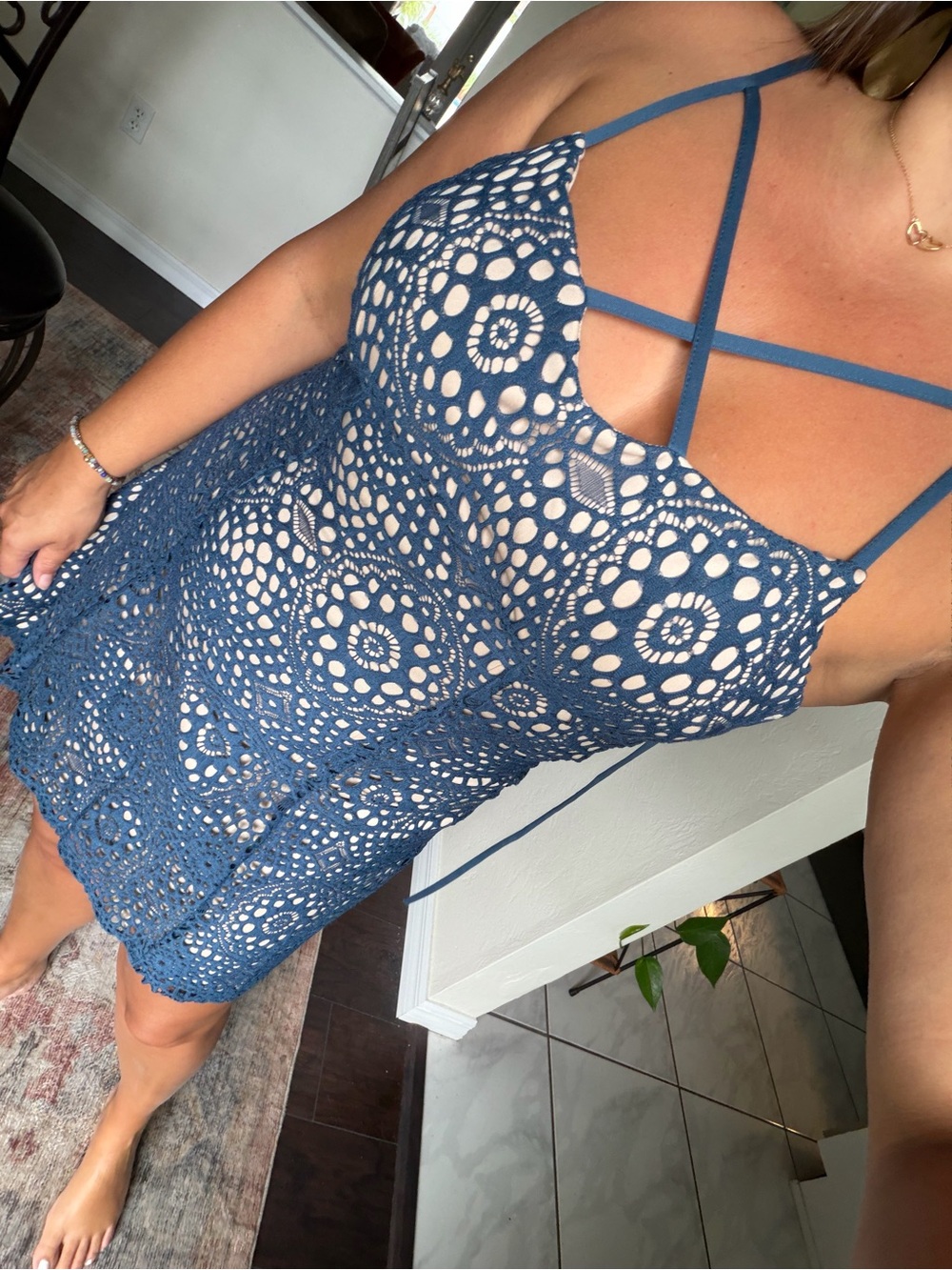 Honey & Rosie Blue and tan Crochet Overlay Mini Dress with Strappy Neckline